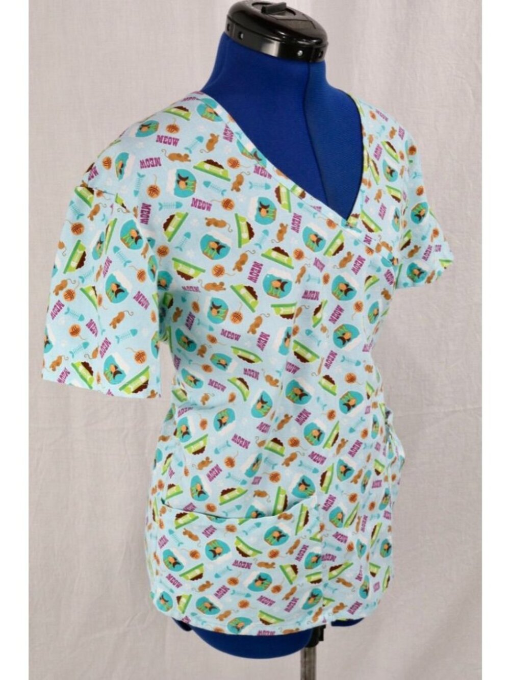 Y2K Scrub Top Womens M Blue Cat Whimsical Meow Novelty Cartoon Medical Vet VTG - Picture 5 of 9